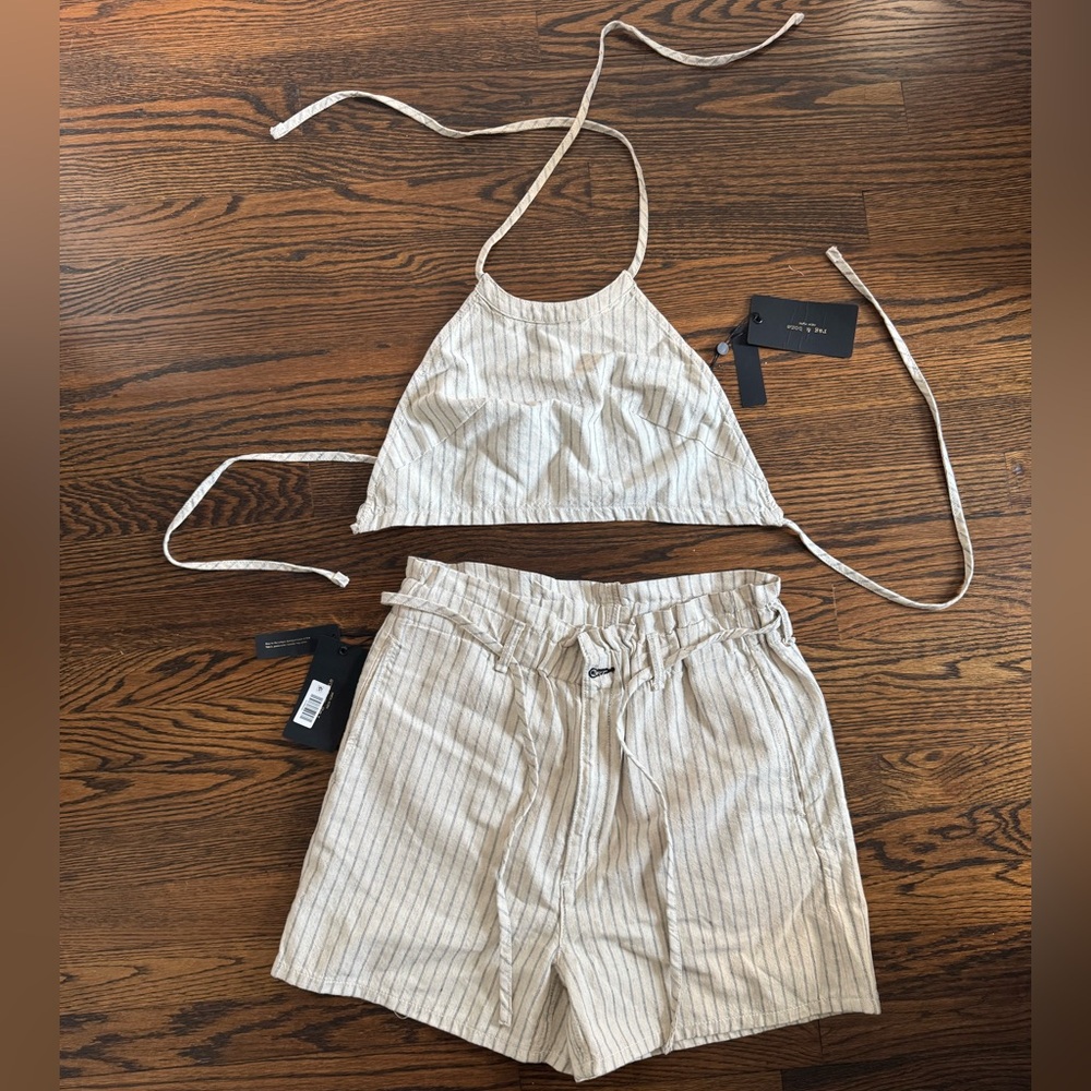 rag & bone Cream and Thin Black Stripe Linen Crop Halter Top